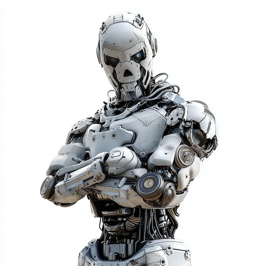 Stylized humanoid robot standing with folded arms, facing front