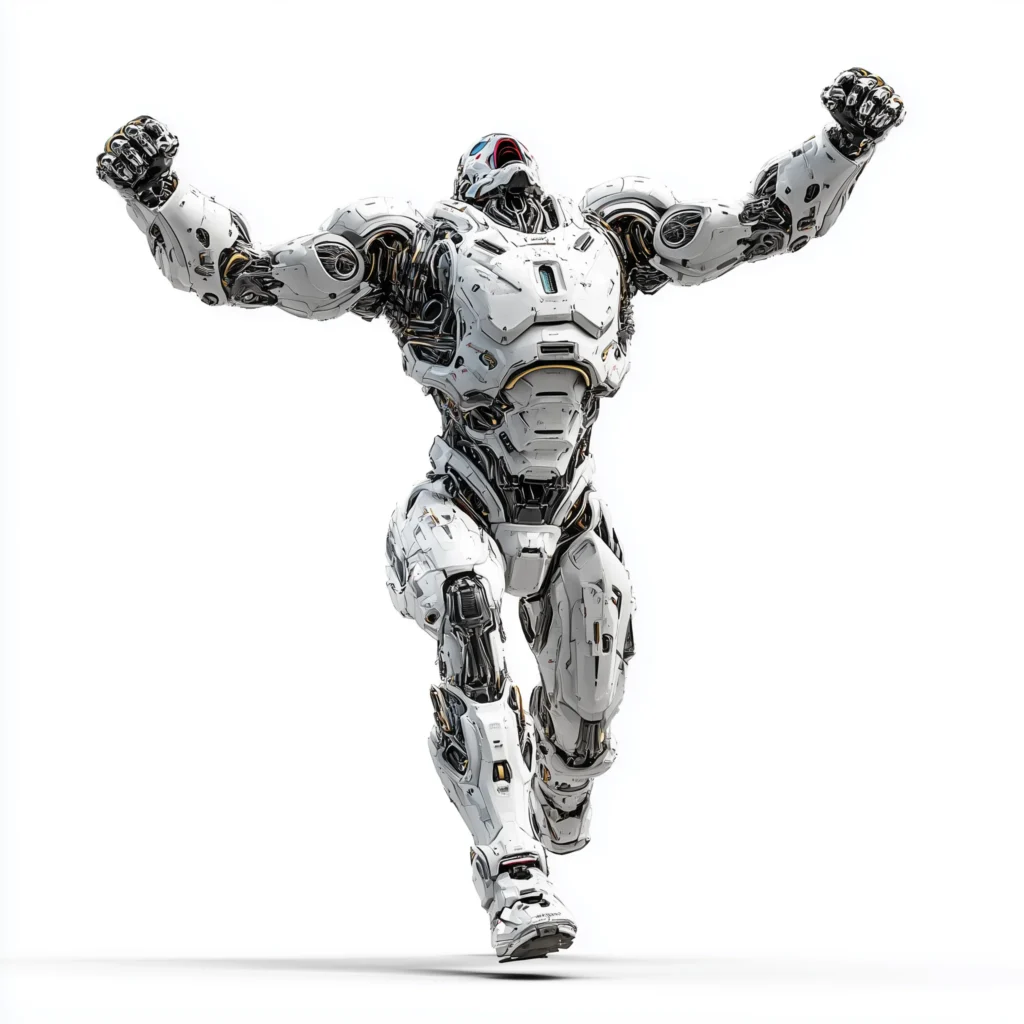 Muscular robot in victory pose, arms raised and fists clenched